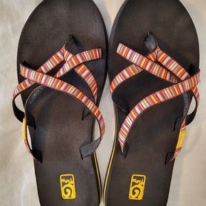 Teva Mush flip-flops, multi-colored blue/green and red/yellow/orange, not wedges